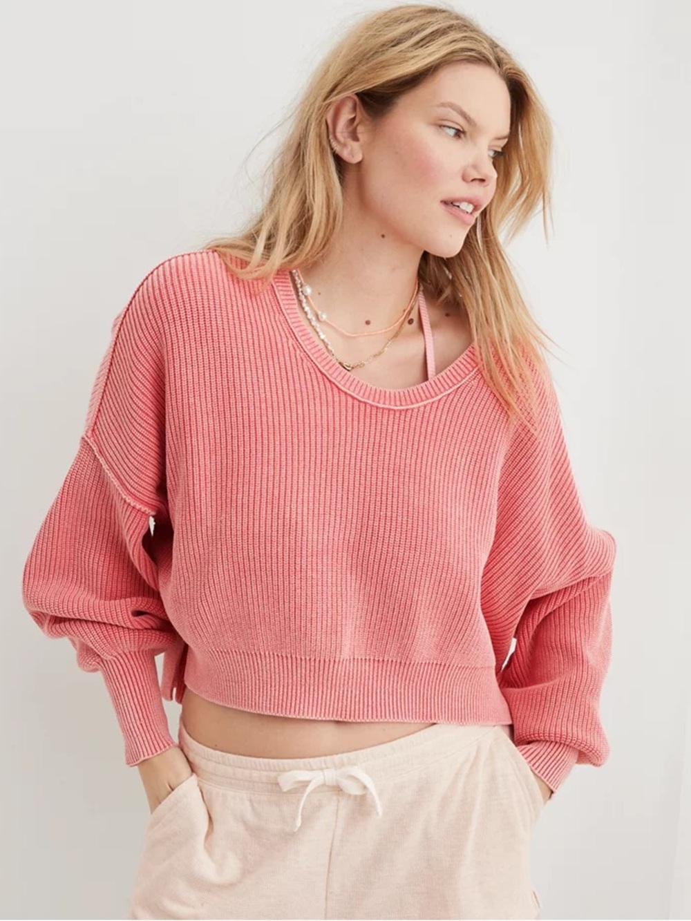 Aerie Beyond Cropped Sweater in Haute Coral